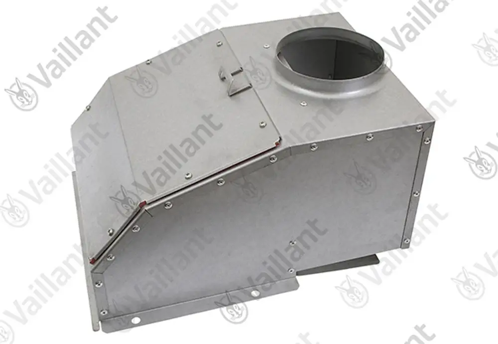 Abgassammler aus Metall von Vaillant mit gebogener Form und einer runden Öffnung an der Oberseite.